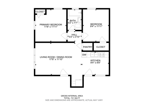 Floor plan for 2 beds, 1 bath, 731 sqft